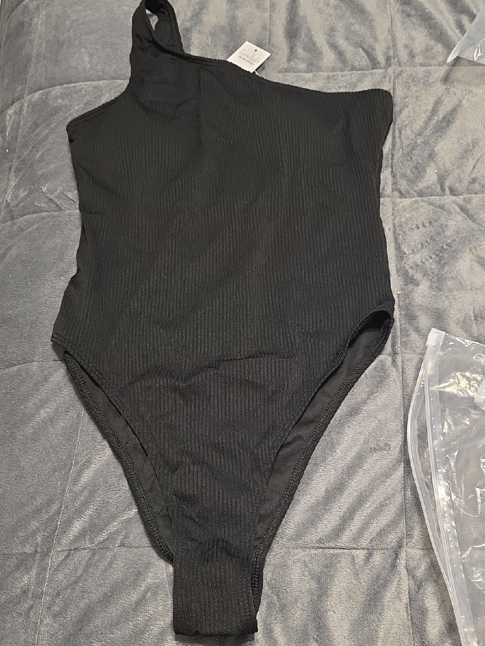 Black One-Shoulder Ribbed Kids One-Piece Swimsuit